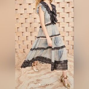 Ulla Johnson Blue and Black Tiered Ruffled w/Silver Threads Dress